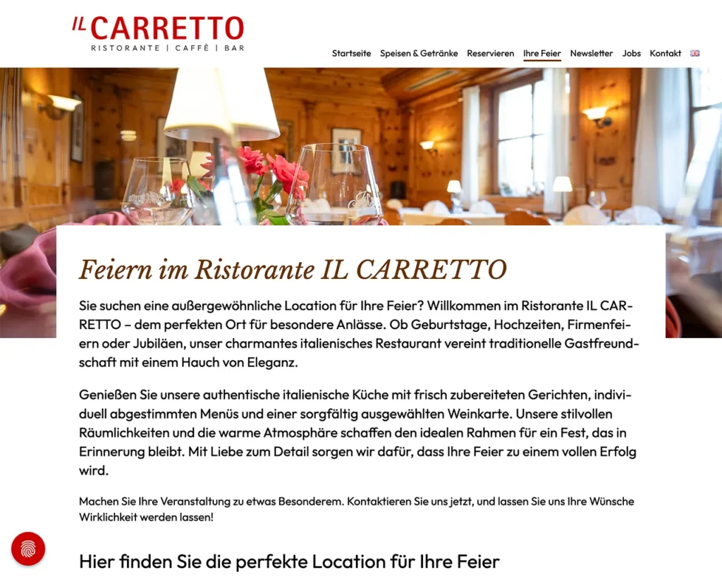IL CARRETTO – Website, Feiern im Ristorante, Desktop-Ansicht