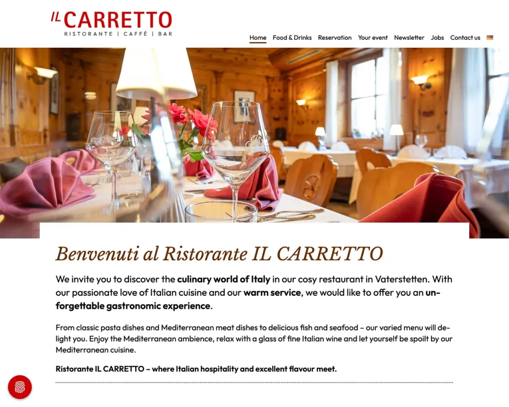 IL CARRETTO – Website, Startseite englisch, Desktop-Ansicht