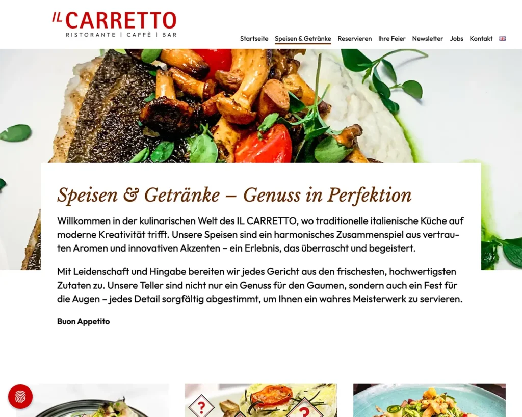 IL CARRETTO – Website, Speisen & Getränke, Desktop-Ansicht