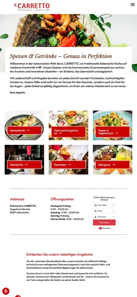 IL CARRETTO – Website, Speisen & Getränke, Mobile-Ansicht