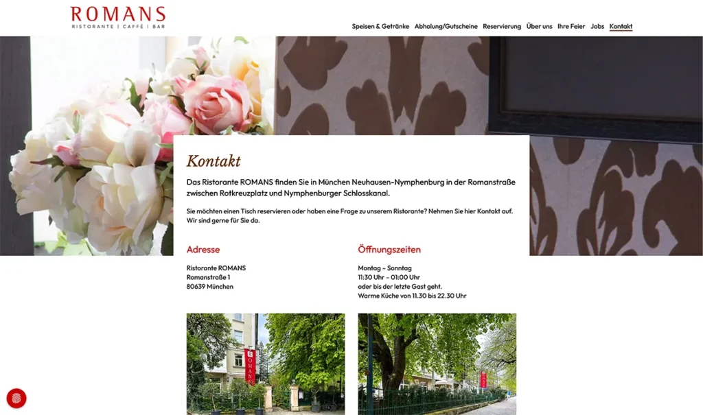 Case Study: Ristorante ROMANS, München – Kontakt, Desktop