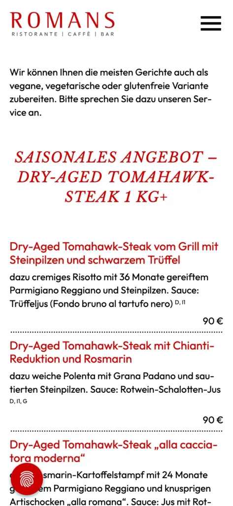 Case Study: Ristorante ROMANS, München – Speisekarte, Mobile