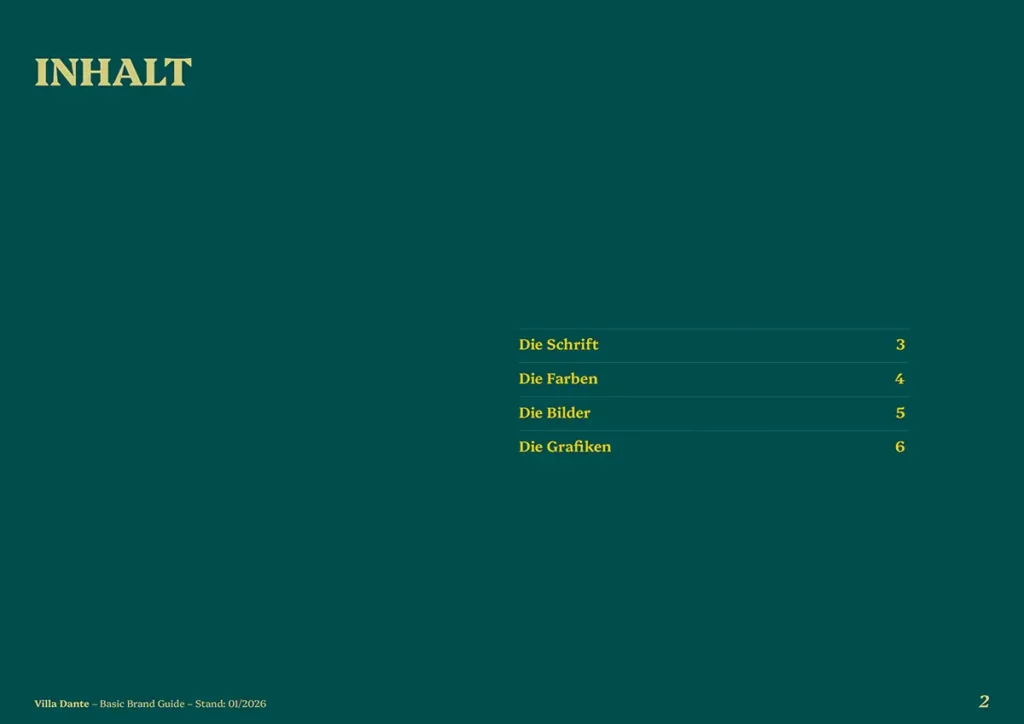 Villa Dante Branding: Brandbook – Inhaltsverzeichnis