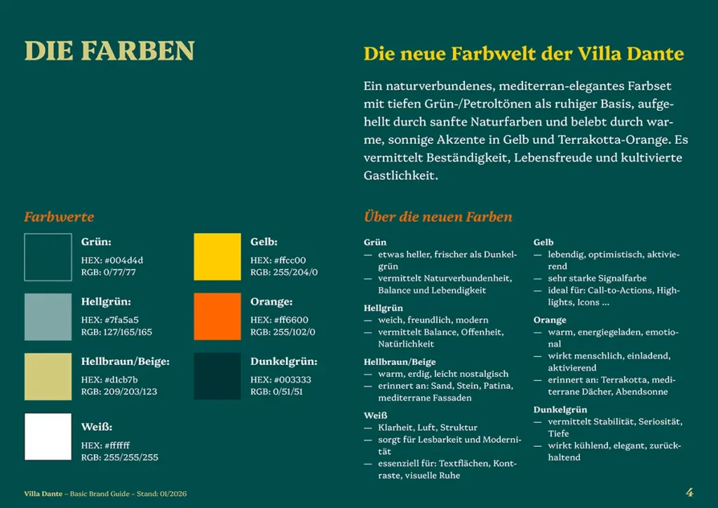 Villa Dante Branding: Brandbook – Farben