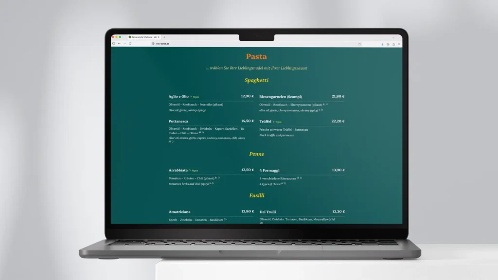 Villa Dante Branding: Website, Speisekarte