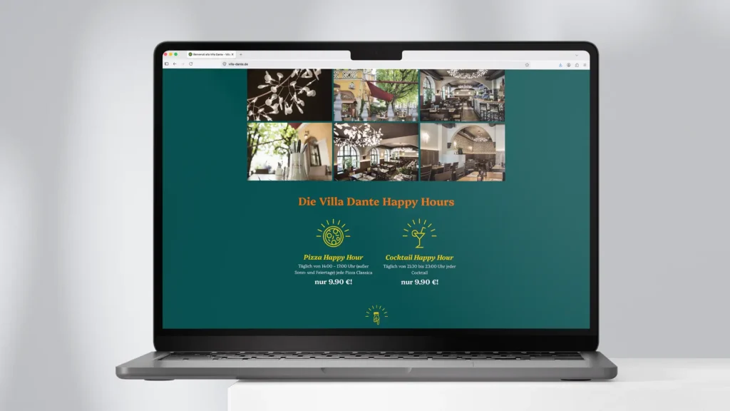 Villa Dante Branding: Website, Hinweis Happ Hours