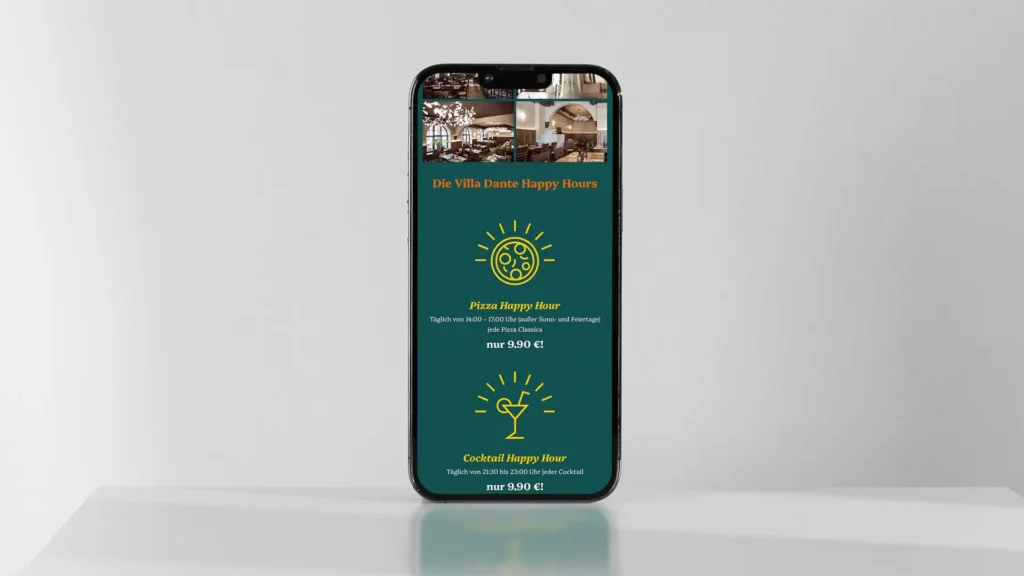 Villa Dante Branding: Mobile Website Happy Hour Hinweis
